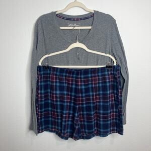 Eddie Bauer Women’s XL Pajama Set Plaid Flannel Shorts Gray Henley Sleepwear